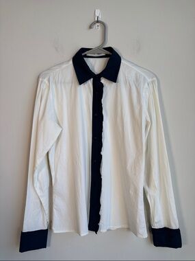 Vintage Miu Miu Ruffled Button Down Shirt in White/Navy - 42 / US 6
